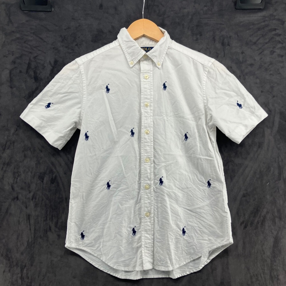 Polo Ralph Lauren Boys White Short Sleeve All Over Pony Oxford Shirt Siz M 10-12